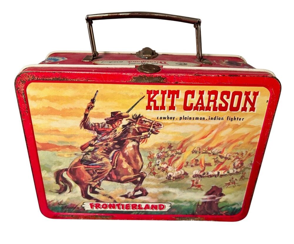 Davy Crockett & Kit Carson Walt Disney Frontierland Lunch Box 1950s W/ Thermos